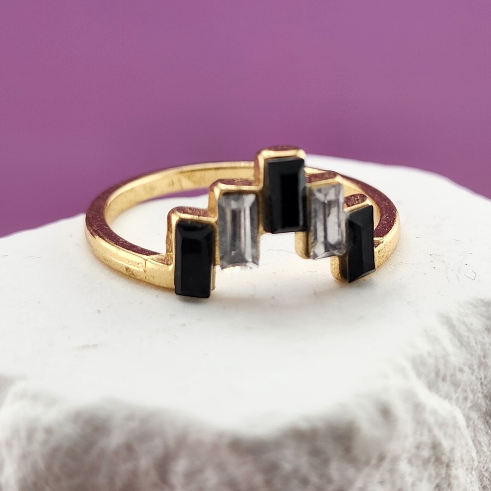 Gold Tone Black & Clear Baguette Stone Geometric Minimalist Statement Ring